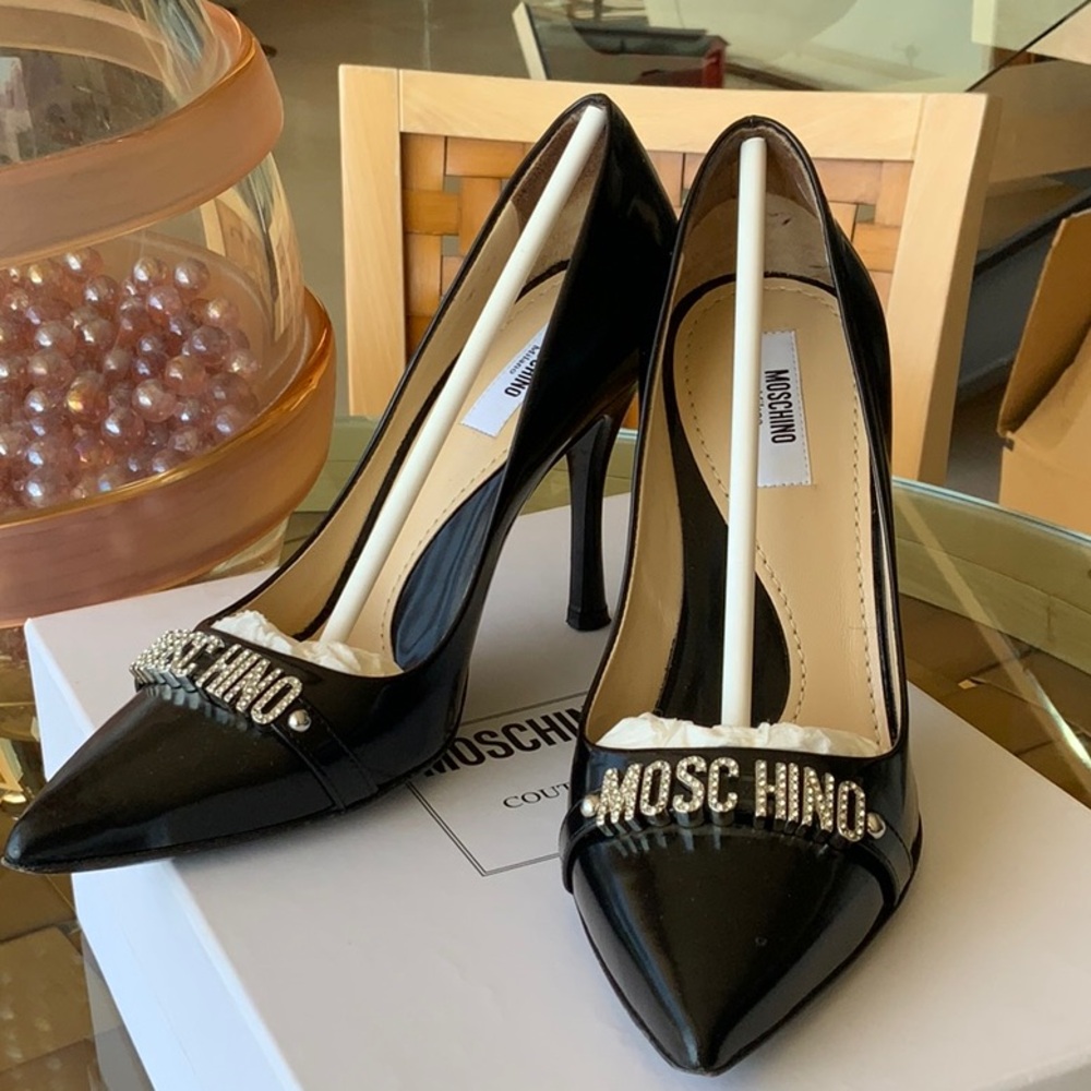 Moschino Black Stiletto Heels with Glossy Finish and sliding crystal letters